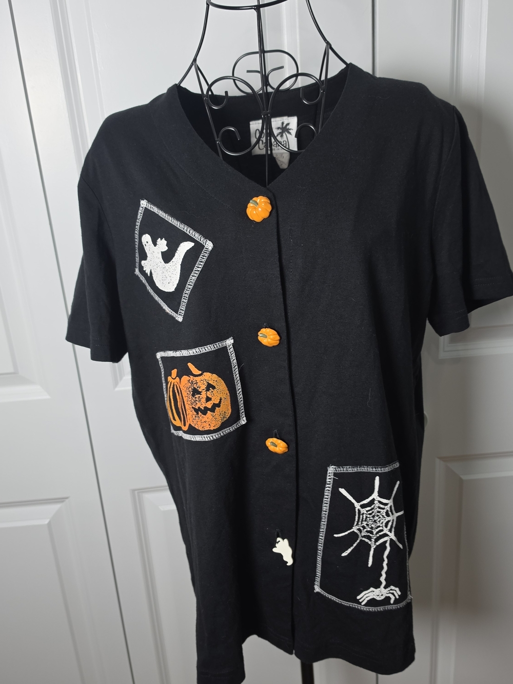 Vintage Copa Cabana Halloween Pumpkin Button Patchwork Shirt Made USA